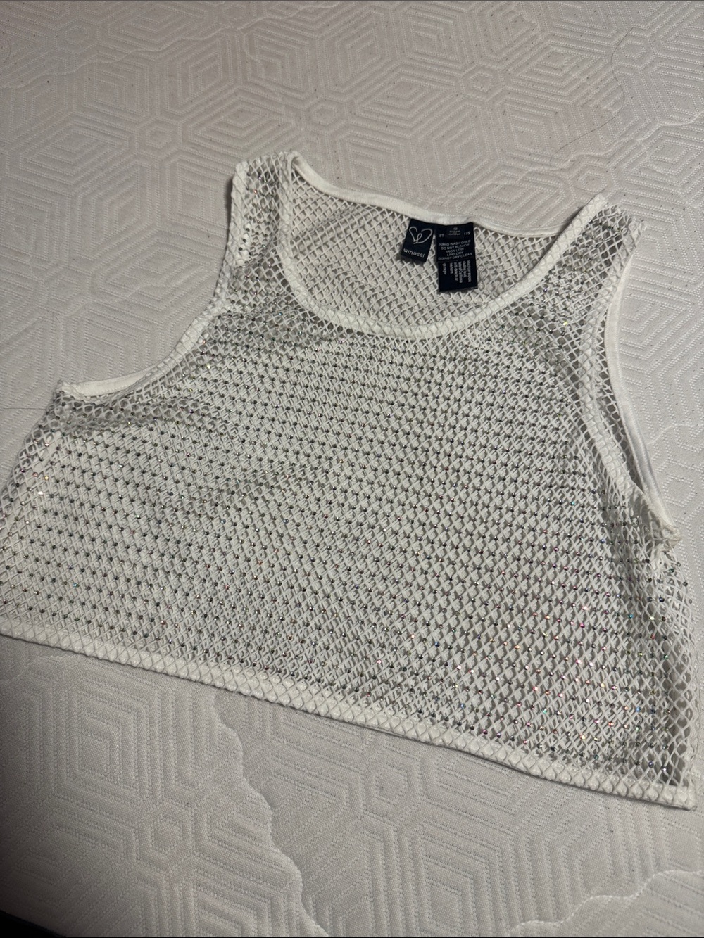 Windsor White Mesh Crop Tank Top Rhinestones